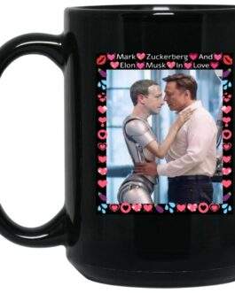 Elon & Robot Mark Embrace + for Coders & Gamers + 15oz Black Glossy Mug + Tech Industry Parody - Image 1