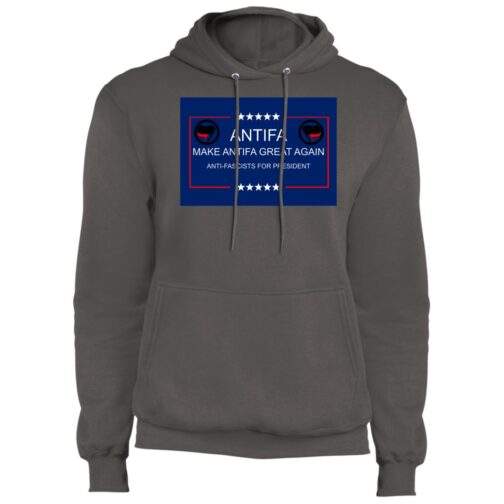 Charcoal Antifa "Make Antifa Great Again" pullover hoodie. Features a parody design with stars and text, "Anti-Fascists for President." Soft fleece material. A political statement piece.