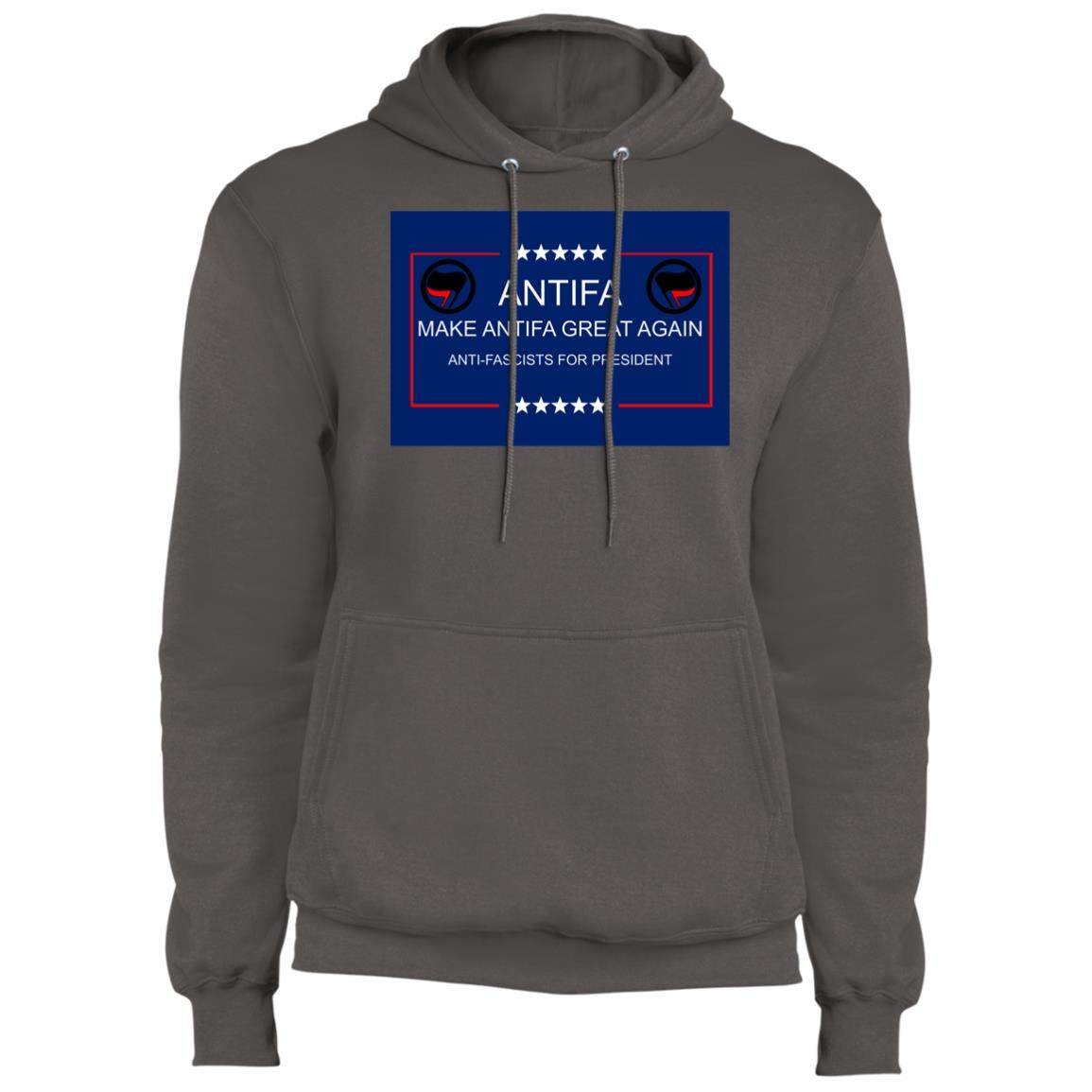 Charcoal Antifa "Make Antifa Great Again" pullover hoodie. Features a parody design with stars and text, "Anti-Fascists for President." Soft fleece material. A political statement piece.