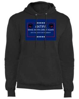 Black "Antifa Make Antifa Great Again" pullover hoodie. The design features the Antifa logo, stars, and text in a red-bordered blue square, offering a satirical political parody. Anti-Fascist fleece material, shown in 4XL size.
