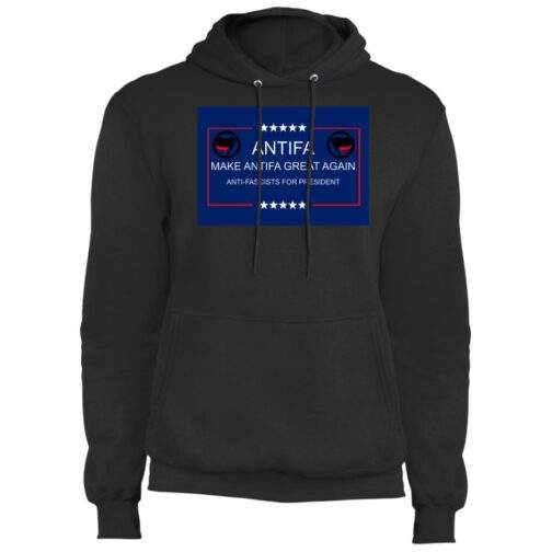 Black "Antifa Make Antifa Great Again" pullover hoodie. The design features the Antifa logo, stars, and text in a red-bordered blue square, offering a satirical political parody. Anti-Fascist fleece material, shown in 4XL size.