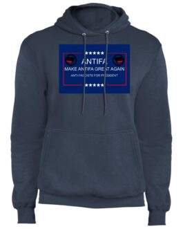 Navy "Make Antifa Great Again" pullover hoodie. The anti-fascist political parody fleece features a satirical design with bold text and symbols on a blue rectangle with a red border.