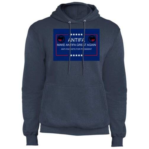 Navy "Make Antifa Great Again" pullover hoodie. The anti-fascist political parody fleece features a satirical design with bold text and symbols on a blue rectangle with a red border.