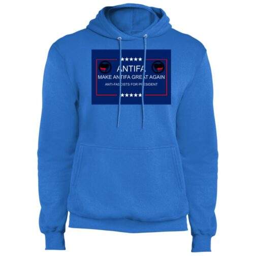 Royal blue "Make Antifa Great Again" pullover hoodie. The fleece parody design features the Antifa symbol with stars and the text "ANTIFA, MAKE ANTIFA GREAT AGAIN, ANTI-FASCISTS FOR PRESIDENT".