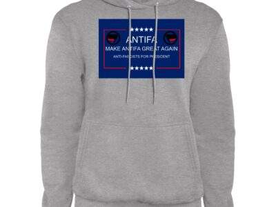 Athletic heather "Make Antifa Great Again" pullover hoodie. The design features "Antifa" above stars, with text reading "Make Antifa Great Again" and "Anti-Fascists for President" inside a blue rectangle with a red border.