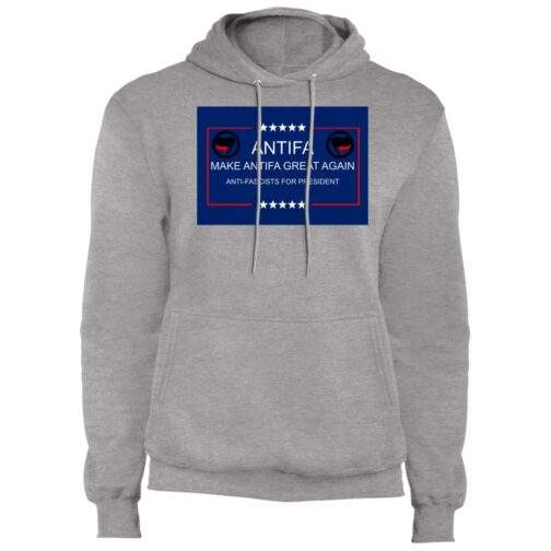Athletic heather "Make Antifa Great Again" pullover hoodie. The design features "Antifa" above stars, with text reading "Make Antifa Great Again" and "Anti-Fascists for President" inside a blue rectangle with a red border.