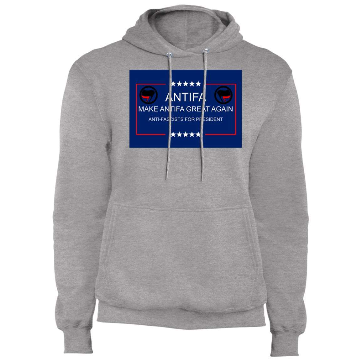Athletic heather "Make Antifa Great Again" pullover hoodie. The design features "Antifa" above stars, with text reading "Make Antifa Great Again" and "Anti-Fascists for President" inside a blue rectangle with a red border.