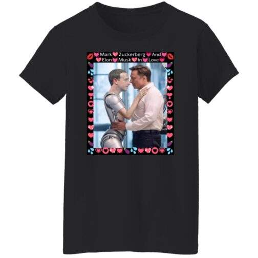 Simulation Glitch tee featuring Mark Zuckerberg as a Zuckbot embracing Elon Musk, framed by hearts. A funny AI satire design on a women's missy fit tee.