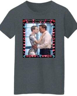 Simulation Glitch: Elon vs Zuckbot Satire Women's Tee. Dark gray Gildan missy fit tee with a DIGISOFT print of a humorous AI satire design. A funny billionaire parody shirt for women.