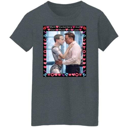 Simulation Glitch: Elon vs Zuckbot Satire Women's Tee. Dark gray Gildan missy fit tee with a DIGISOFT print of a humorous AI satire design. A funny billionaire parody shirt for women.
