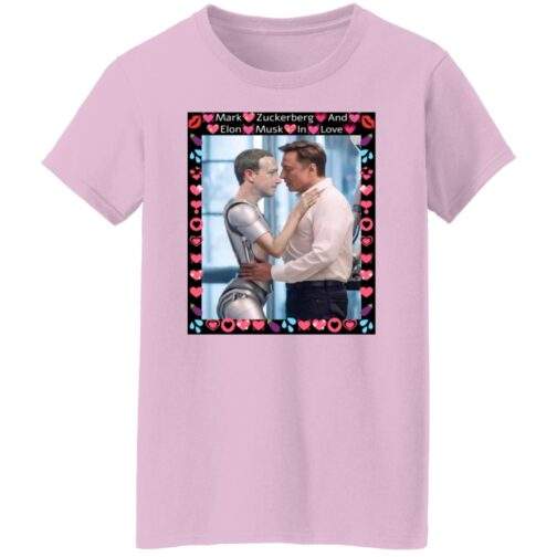 Simulation Glitch: Elon vs Zuckbot Satire Women’s Missy Fit Tee in light pink. Features a framed graphic print of Elon & a Zuckbot with meme-style embellishments.