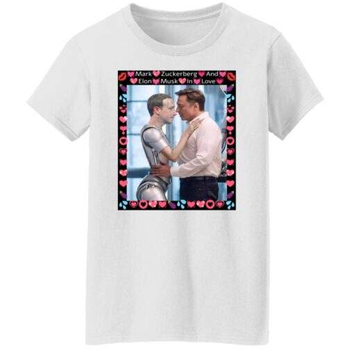 1054-10069-108375641 Simulation Glitch: Elon vs Zuckbot Satire Women's Missy Fit Tee. Features a parody image of Elon Musk and Zuckbot in a love-themed frame. A funny AI satire tee for women.