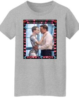 Simulation Glitch: Elon vs Zuckbot Satire Women's Missy Fit Tee. Grey Gildan G500L tee with a DIGISOFT print of Elon and Zuckbot in a meme-worthy embrace.