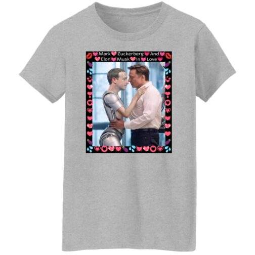 Simulation Glitch: Elon vs Zuckbot Satire Women's Missy Fit Tee. Grey Gildan G500L tee with a DIGISOFT print of Elon and Zuckbot in a meme-worthy embrace.