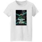 White Algorithms Ain’t Bosses Women's Tee. The design shows a fist breaking through chains with binary code in the background, symbolizing resistance against algorithmic control. Feminine fit, 3XL size.