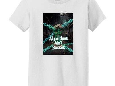 White Algorithms Ain’t Bosses Women's Tee. The design shows a fist breaking through chains with binary code in the background, symbolizing resistance against algorithmic control. Feminine fit, 3XL size.