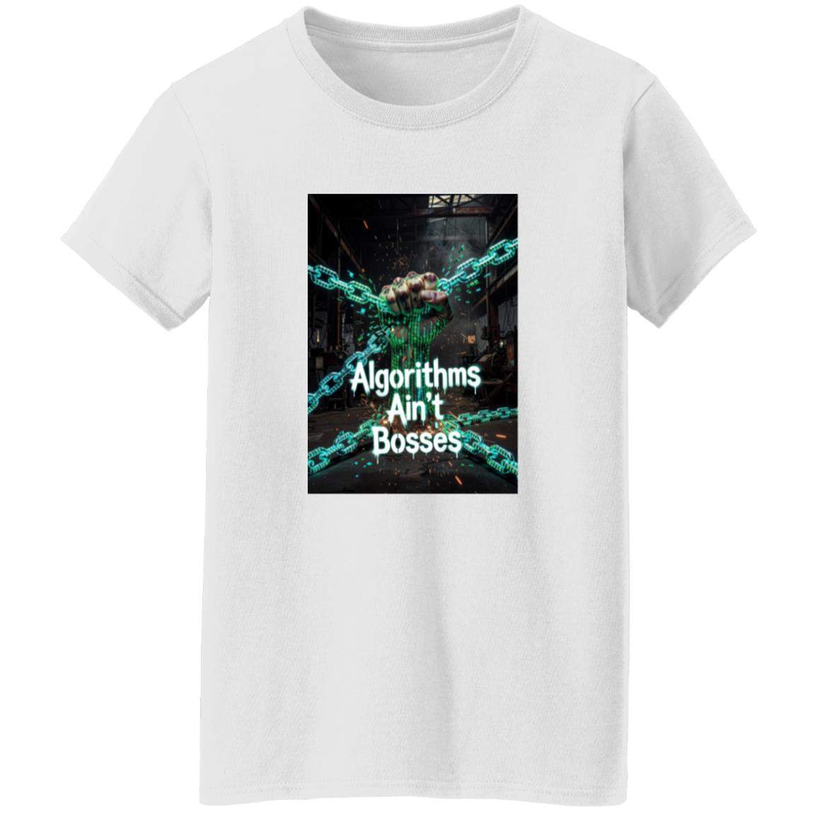 White Algorithms Ain’t Bosses Women's Tee. The design shows a fist breaking through chains with binary code in the background, symbolizing resistance against algorithmic control. Feminine fit, 3XL size.