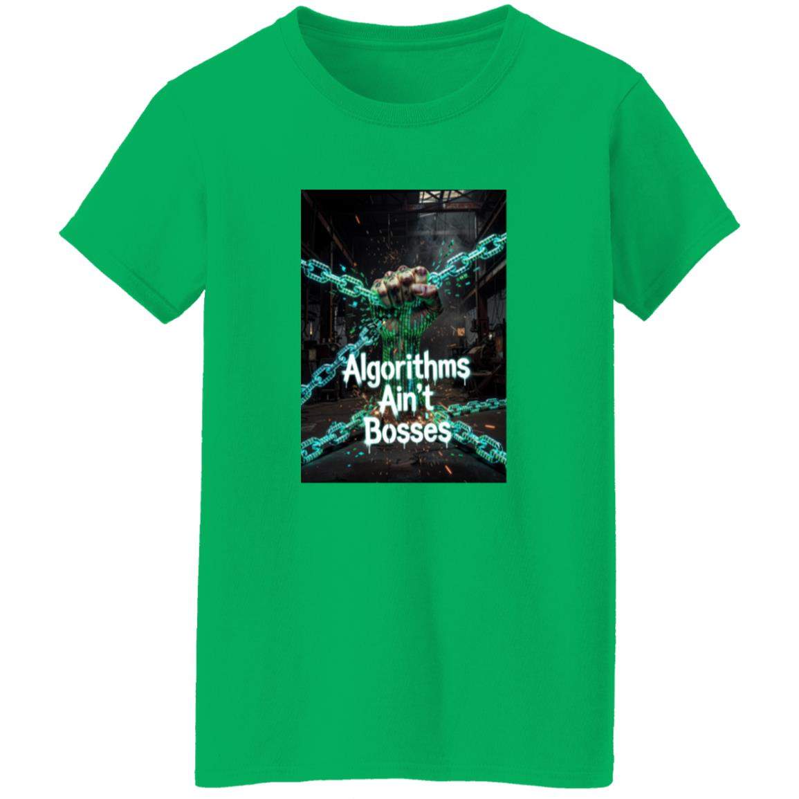 Irish green "Algorithms Ain't Bosses" women's tee (3XL) featuring a fist breaking digital chains. A feminine fit for the human spirit, promoting fair tech.