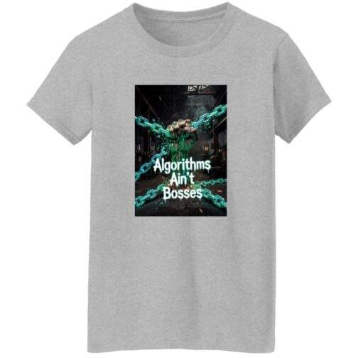 Sport Grey "Algorithms Ain't Bosses" Women's Tee (3XL). Design features a fist breaking free from digital chains, symbolizing human spirit vs. algorithms.