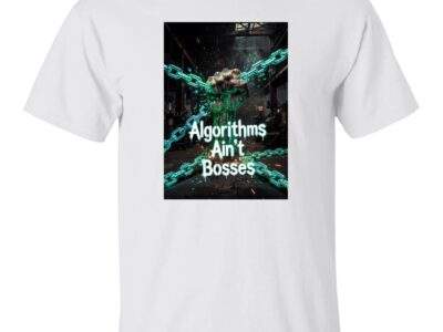 White "Algorithms Ain't Bosses" men's heavy cotton tee with a graphic of a digital fist breaking free from chains in a gritty, industrial setting.
