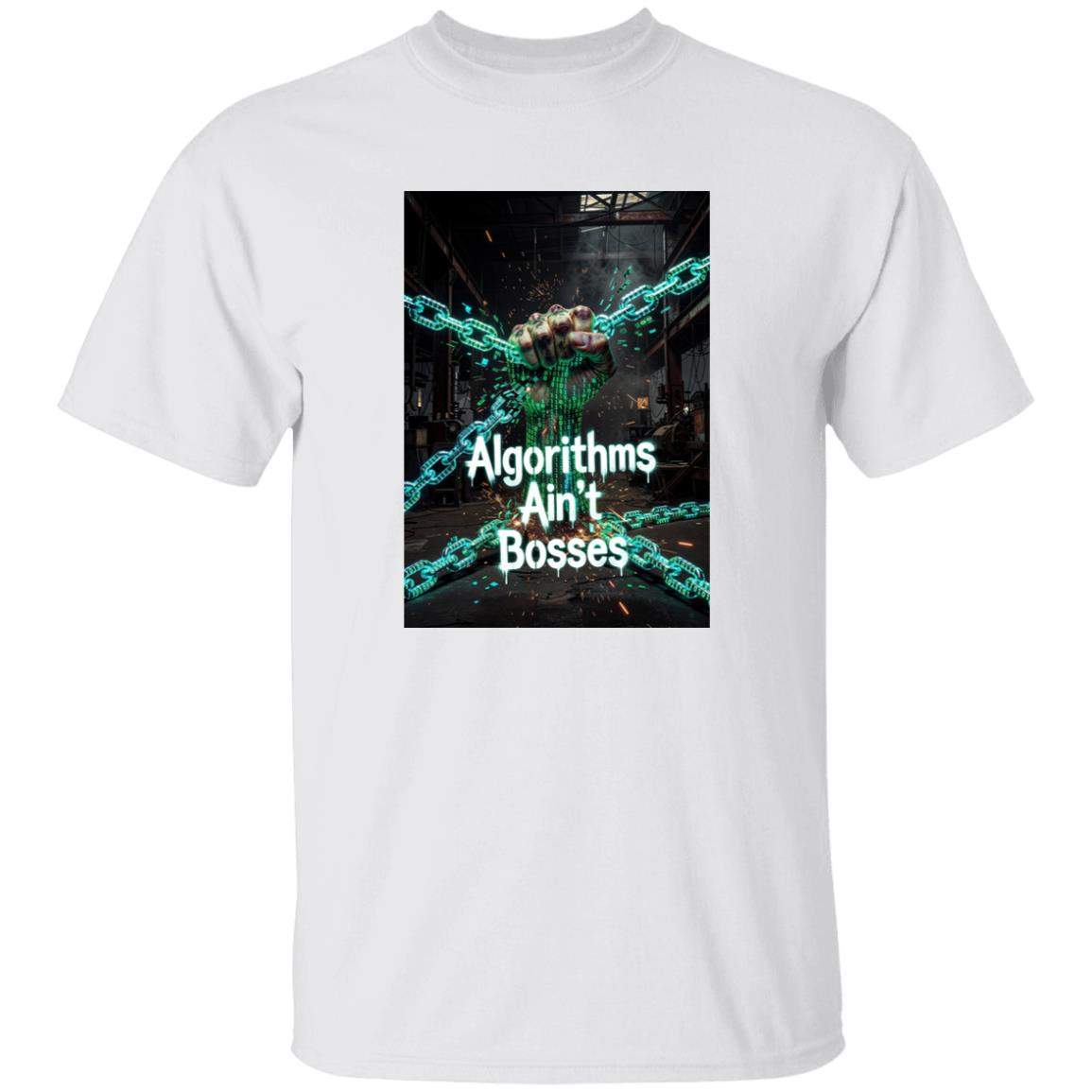 White "Algorithms Ain't Bosses" men's heavy cotton tee with a graphic of a digital fist breaking free from chains in a gritty, industrial setting.