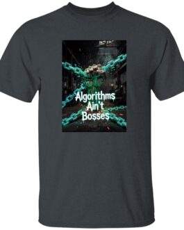 Dark heather "Algorithms Ain’t Bosses" men's heavy cotton tee. The design features a fist breaking free from digital chains, symbolizing resistance against algorithmic control.