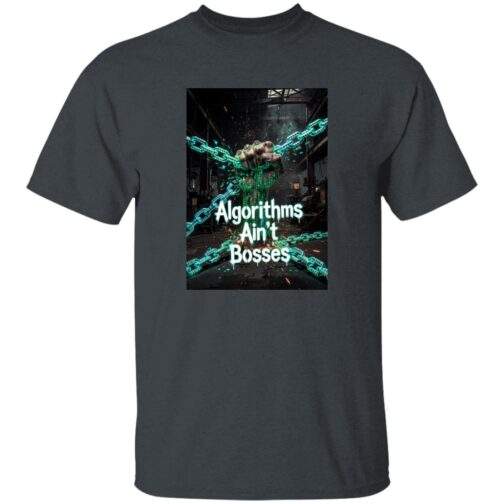 Dark heather "Algorithms Ain’t Bosses" men's heavy cotton tee. The design features a fist breaking free from digital chains, symbolizing resistance against algorithmic control.