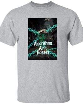 Algorithms Ain’t Bosses Men’s Heavy Cotton Tee in sport grey, size 6XL, featuring a powerful fist breaking free from digital chains, symbolizing resistance against algorithmic control.