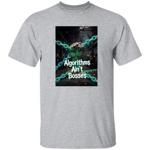 Algorithms Ain’t Bosses Men’s Heavy Cotton Tee in sport grey, size 6XL, featuring a powerful fist breaking free from digital chains, symbolizing resistance against algorithmic control.
