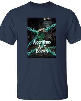 Navy Algorithms Ain't Bosses Men's Heavy Cotton Tee. The design features a fist breaking free from digital chains, symbolizing resistance against algorithmic control.