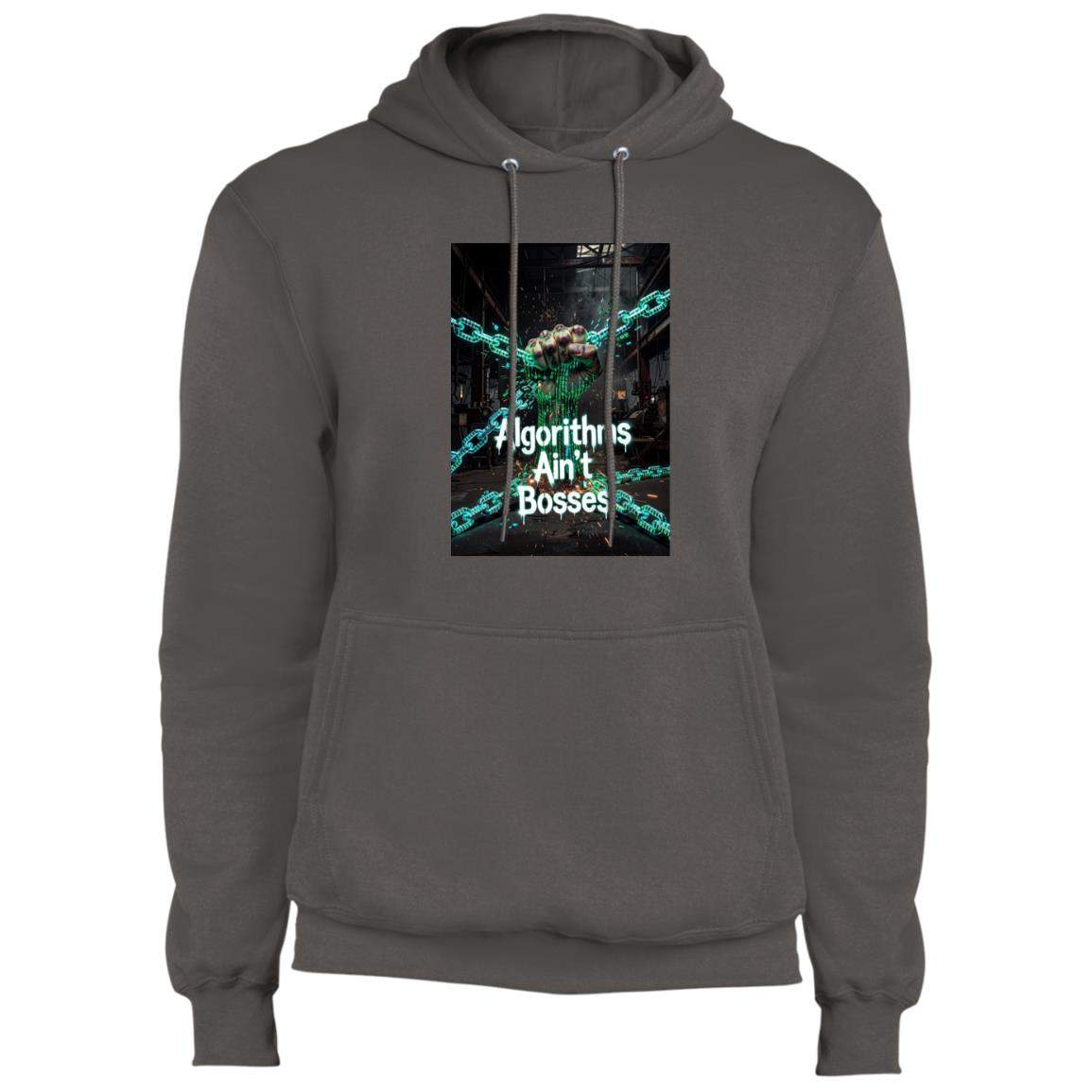 Charcoal "Algorithms Ain't Bosses" hoodie. The design features a hand breaking free from chains in an industrial setting, promoting digital sovereignty.