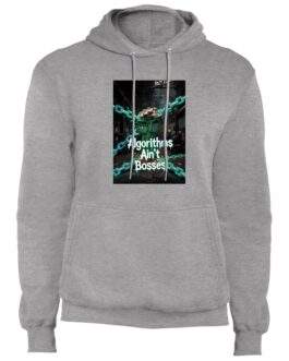 Athletic heather Algorithms Ain’t Bosses Hoodie, size 2XL. Design features a fist breaking chains, symbolizing digital sovereignty. The text "Algorithms Ain't Bosses" is prominently displayed.