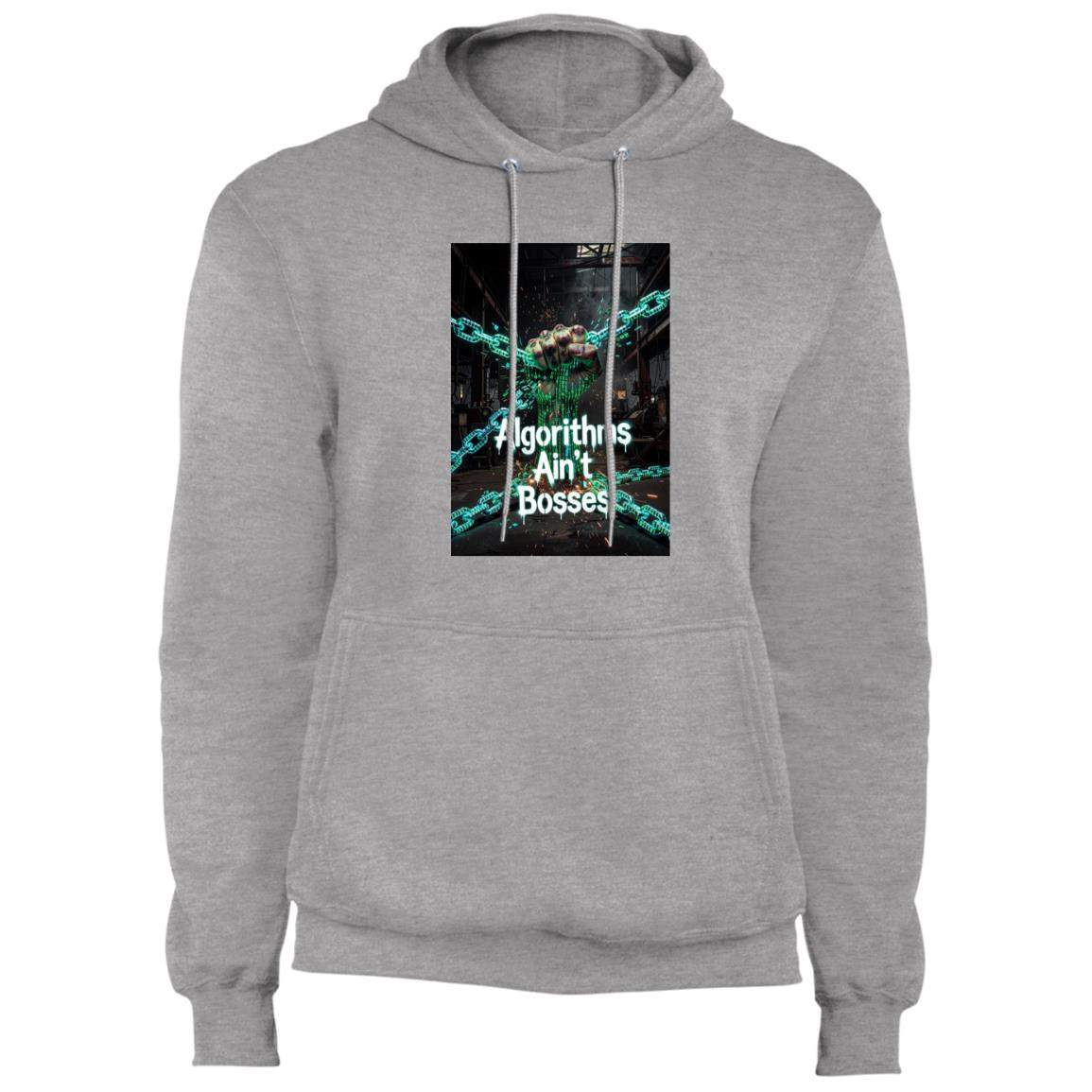 Athletic heather Algorithms Ain’t Bosses Hoodie, size 2XL. Design features a fist breaking chains, symbolizing digital sovereignty. The text "Algorithms Ain't Bosses" is prominently displayed.