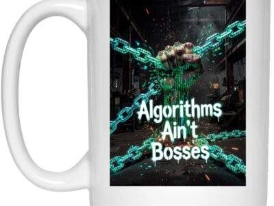Algorithms Ain’t Bosses coffee mug. White, 15oz mug featuring a fist breaking digital chains with the text "Algorithms Ain't Bosses." A powerful image promoting digital freedom.