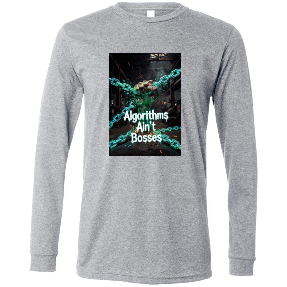 Athletic Heather Algorithms Ain’t Bosses Long-Sleeve shirt. The design features a fist breaking free from digital chains, symbolizing resistance against algorithmic control. The shirt is a heather gray color.