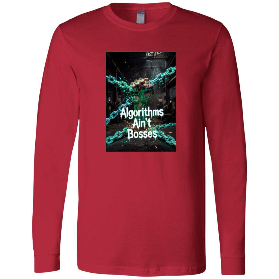 Red Algorithms Ain’t Bosses long-sleeve shirt featuring a fist breaking chains, symbolizing resistance against algorithmic control. High-definition digital dissent design.