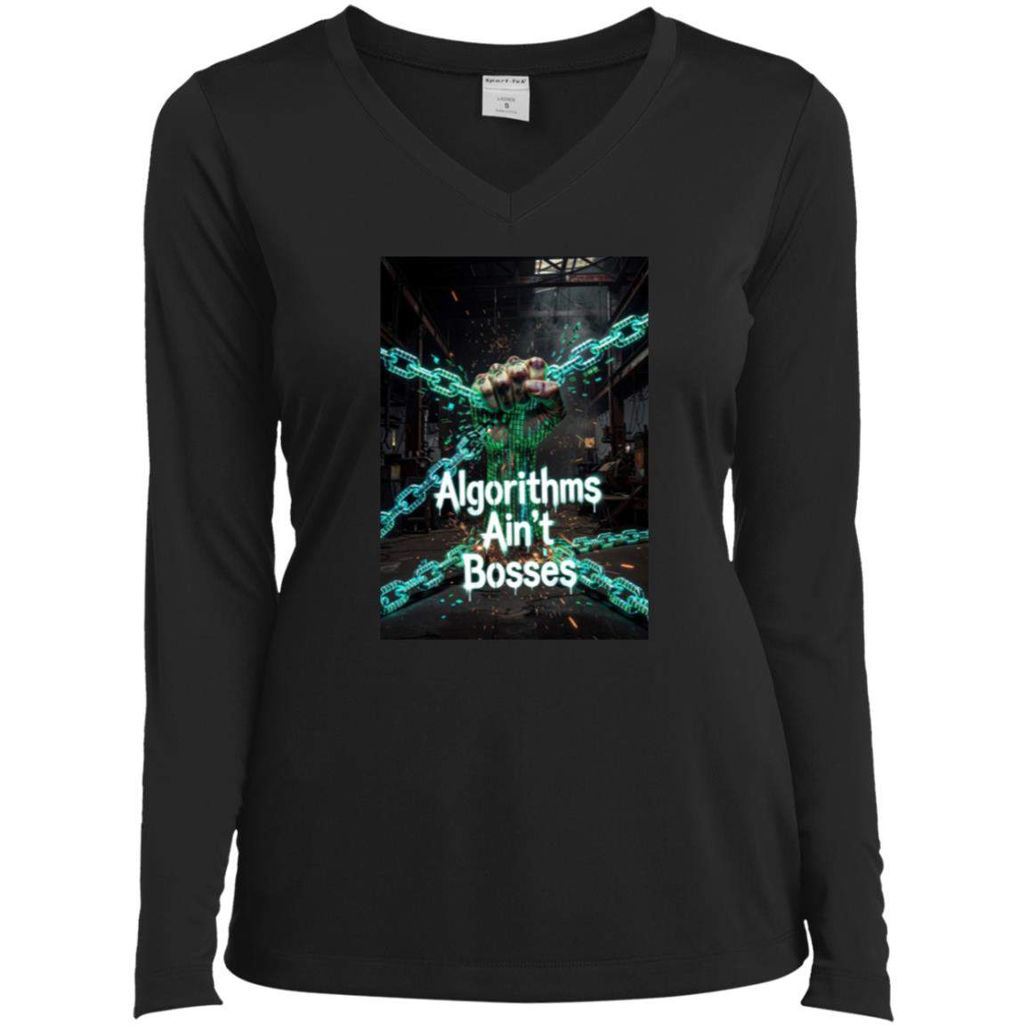 Black "Algorithms Ain't Bosses" V-neck long-sleeve shirt. Features graphic of a fist breaking chains, symbolizing digital dissent. High-performance material, ideal for activism.