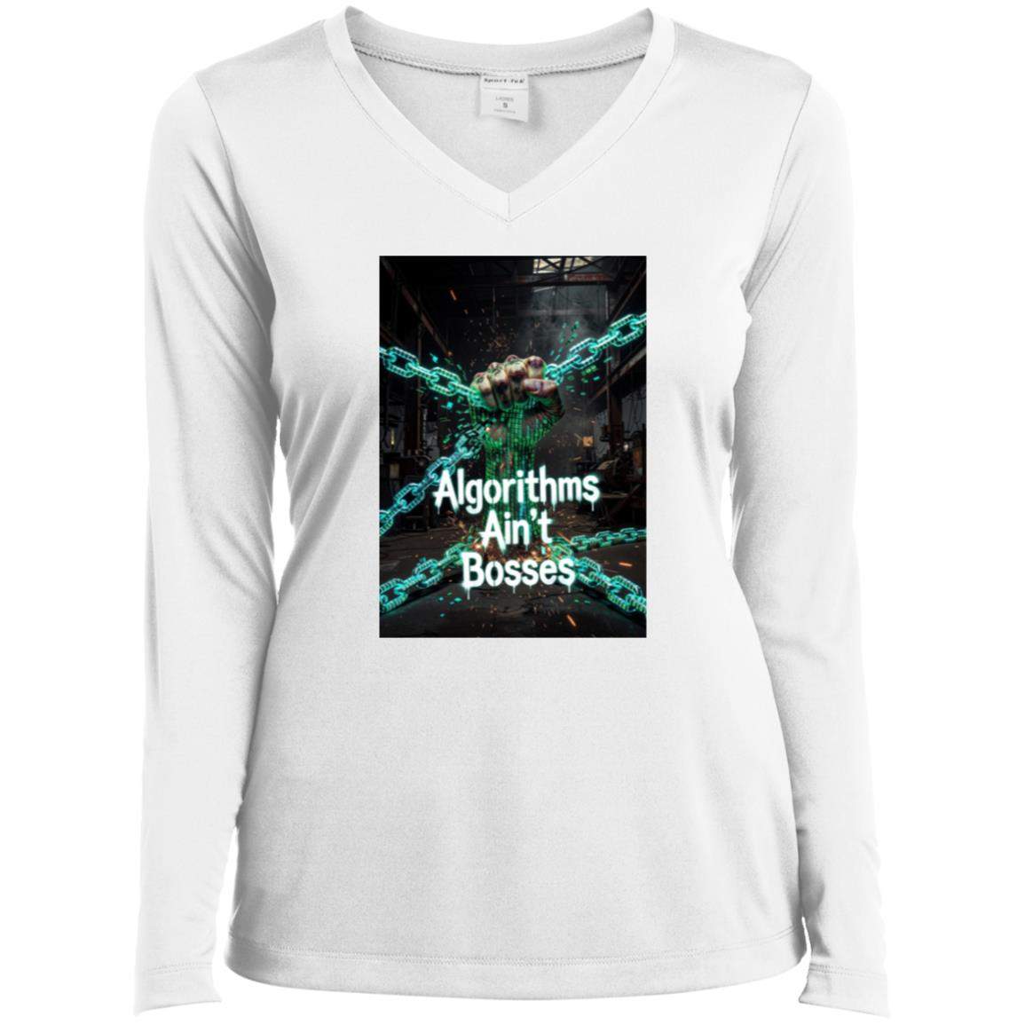White Algorithms Ain’t Bosses Ladies V-Neck shirt. Features a digital dissent design with chains and text, "Algorithms Ain't Bosses." High-performance material.