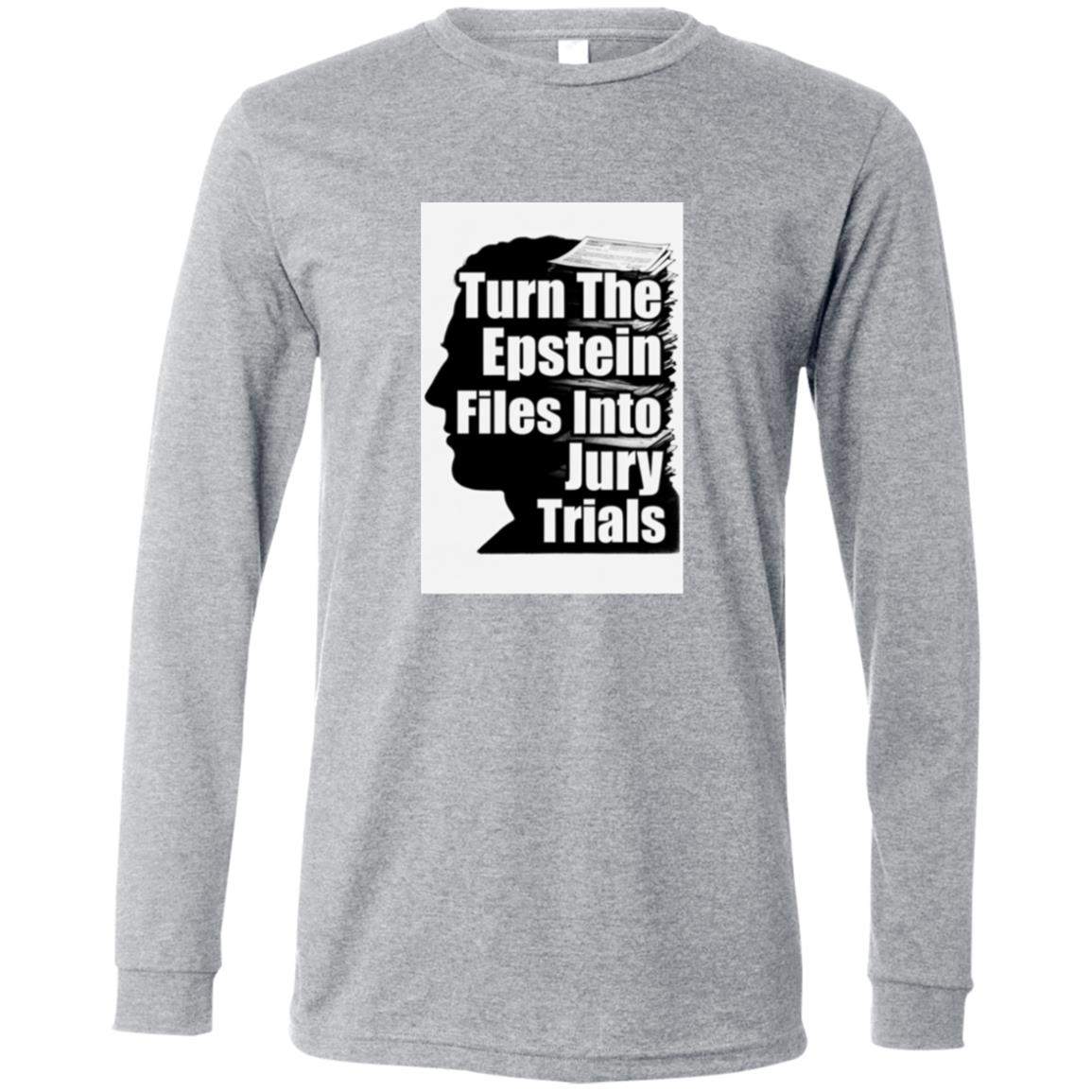 Athletic Heather Bella + Canvas long-sleeve shirt featuring a silhouette graphic with the text "Turn The Epstein Files Into Jury Trials.
