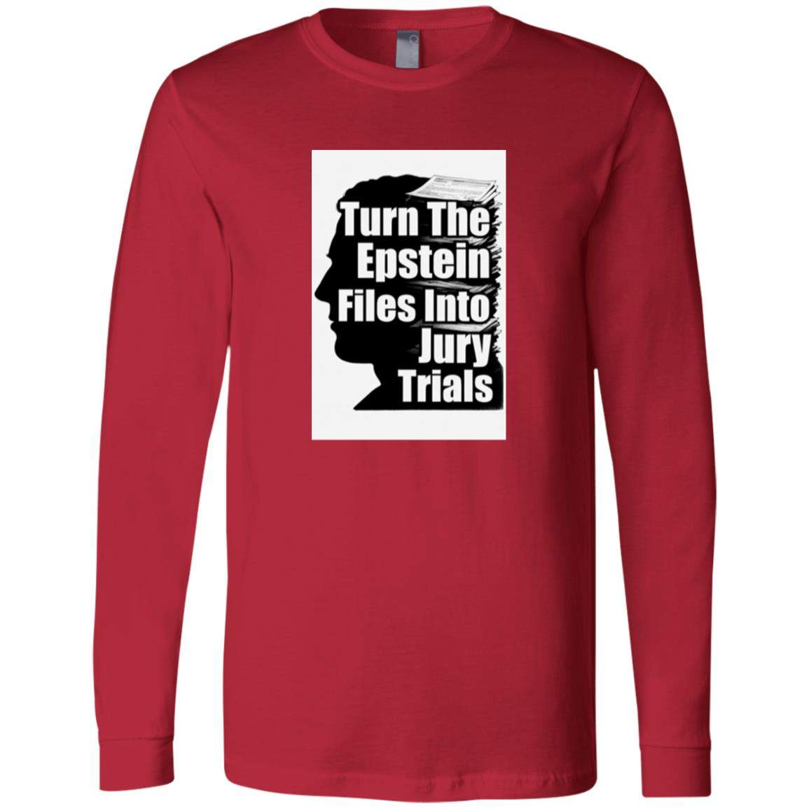 Red Bella + Canvas long-sleeve shirt featuring a black silhouette of a head with the text "Turn The Epstein Files Into Jury Trials" overlaid.