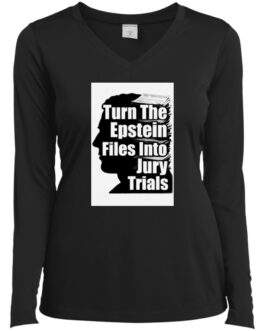 Black Ladies Performance V-Neck shirt featuring a silhouette of a head with stacked files, and the text "Turn The Epstein Files Into Jury Trials".