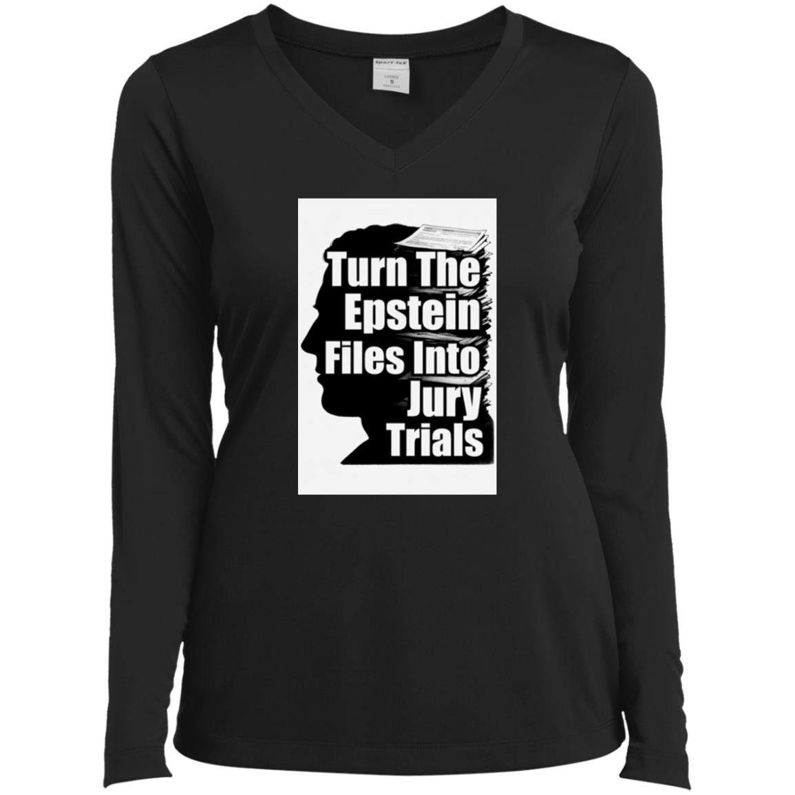 Black Ladies Performance V-Neck shirt featuring a silhouette of a head with stacked files, and the text "Turn The Epstein Files Into Jury Trials".