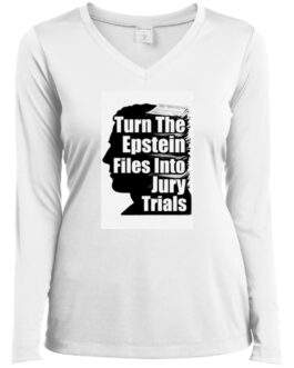 White ladies performance V-neck shirt featuring a black silhouette of a head with stacked files and the text "Turn The Epstein Files Into Jury Trials.