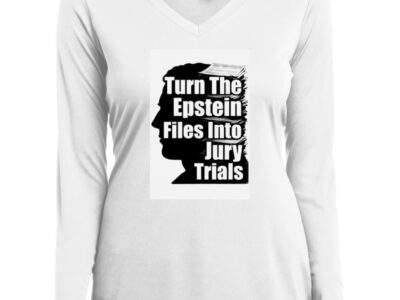 White ladies performance V-neck shirt featuring a black silhouette of a head with stacked files and the text "Turn The Epstein Files Into Jury Trials.