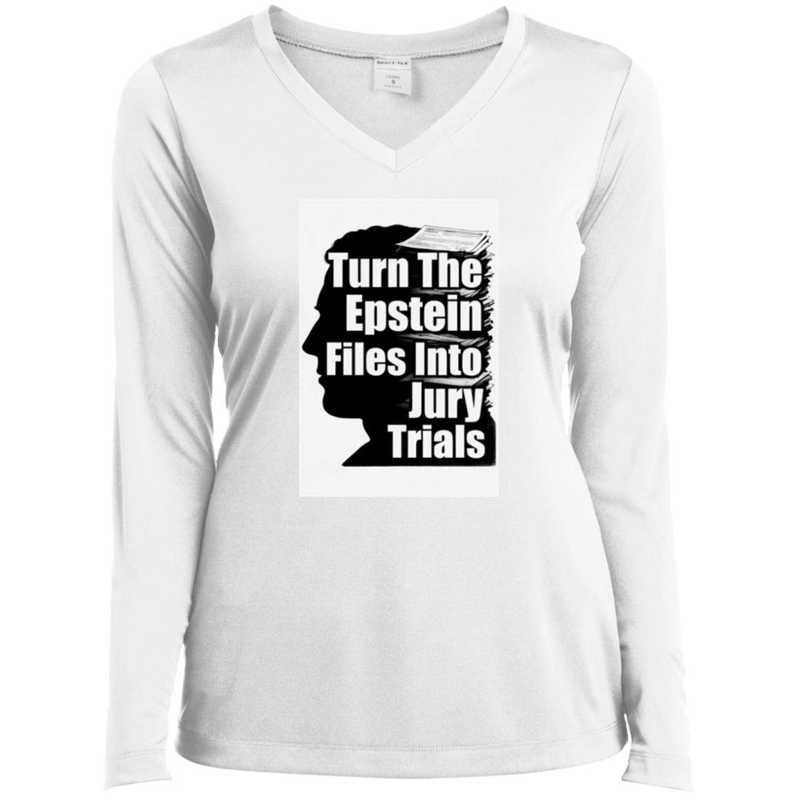 White ladies performance V-neck shirt featuring a black silhouette of a head with stacked files and the text "Turn The Epstein Files Into Jury Trials.