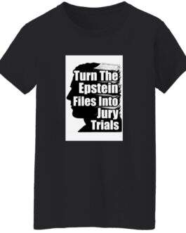 Black "Turn The Epstein Files Into Jury Trials Shirt" Women's Heavy Cotton Tee, size 2XL. The shirt features a graphic with text and a silhouette of a head layered with stacks of files.