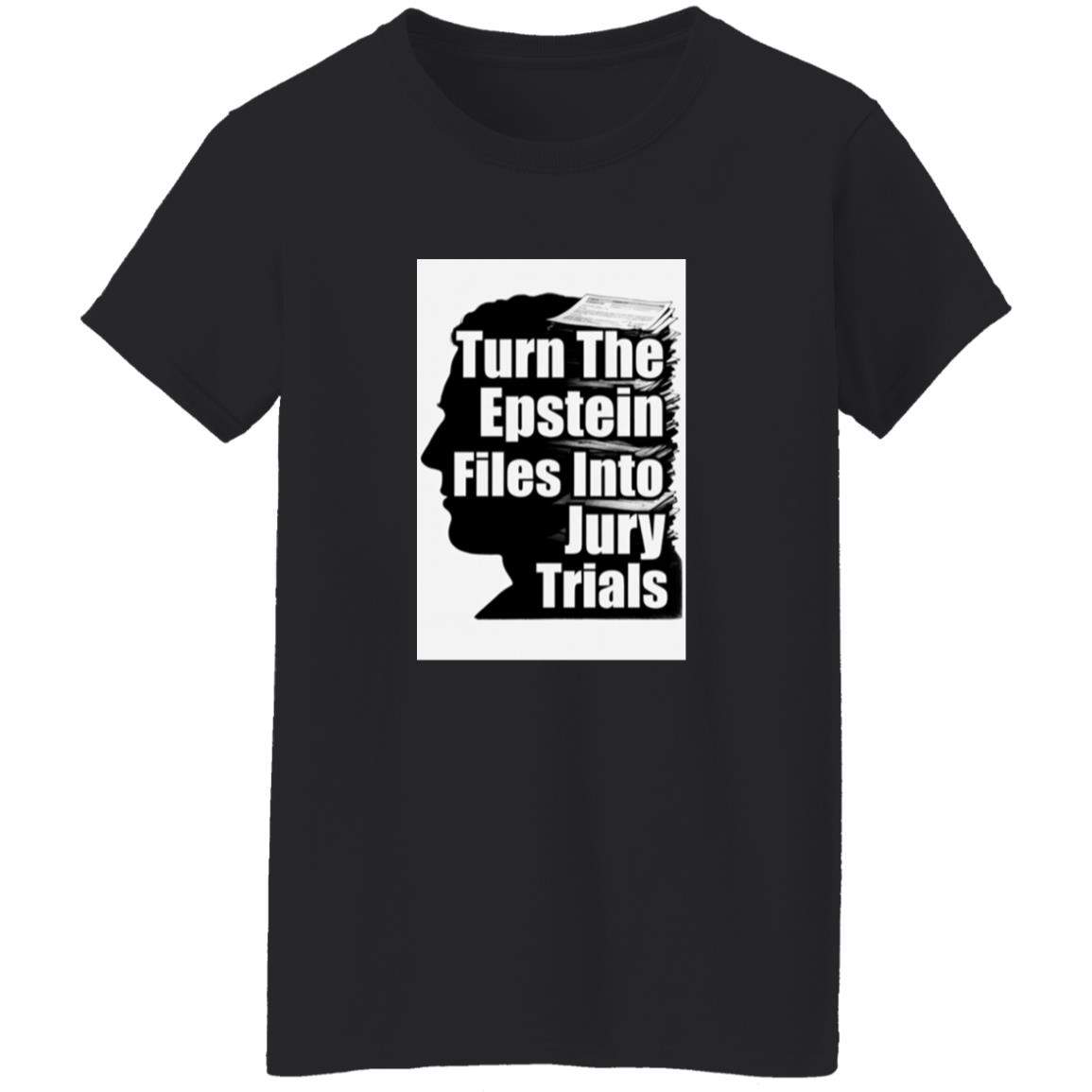Black "Turn The Epstein Files Into Jury Trials Shirt" Women's Heavy Cotton Tee, size 2XL. The shirt features a graphic with text and a silhouette of a head layered with stacks of files.