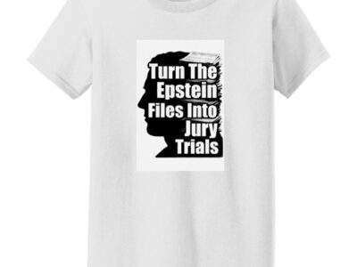 Turn The Epstein Files Into Jury Trials Shirt: White women's heavy cotton tee featuring a bold, black silhouette graphic demanding courtroom accountability and justice, perfect for activists.