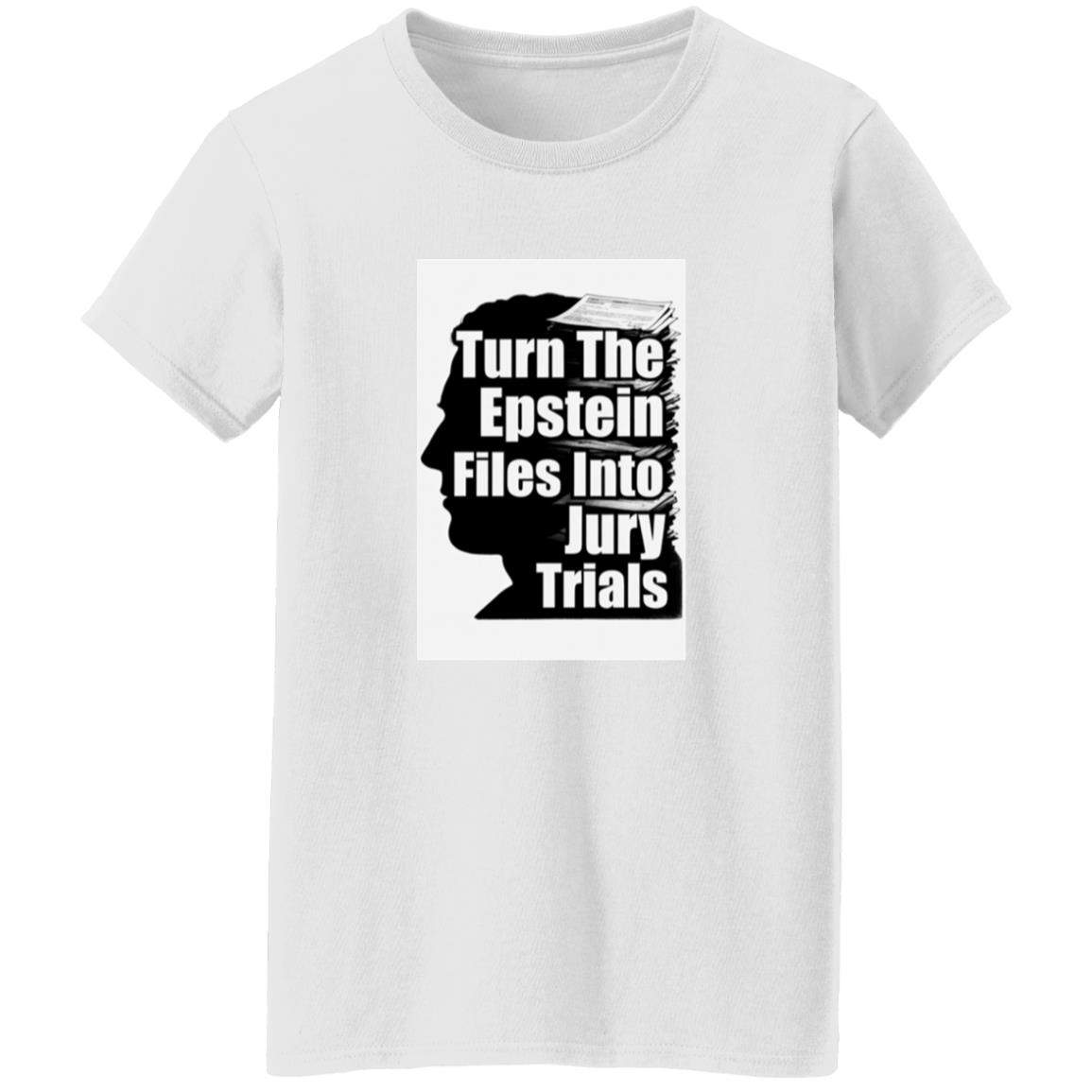 Turn The Epstein Files Into Jury Trials Shirt: White women's heavy cotton tee featuring a bold, black silhouette graphic demanding courtroom accountability and justice, perfect for activists.