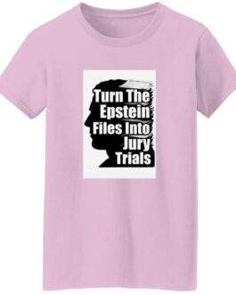 Light pink women's heavy cotton tee featuring a graphic design with the text "Turn The Epstein Files Into Jury Trials" in bold black letters on a white square.